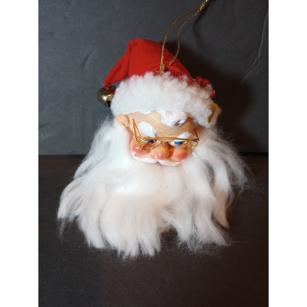 VTG Detailed Santa Claus head ornament gold dimensional glasses fluffy beard bel